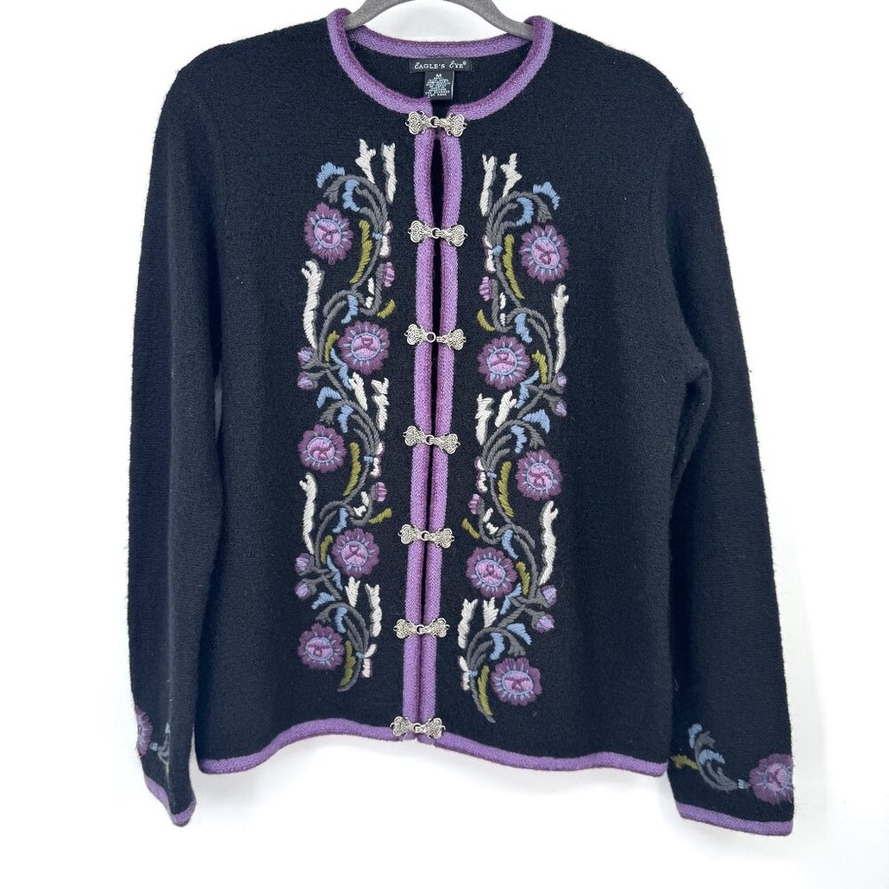 Eagles Eye Vintage Womens Sweater cardigan Floral Hook Eye Wool Pewter Clasp Em